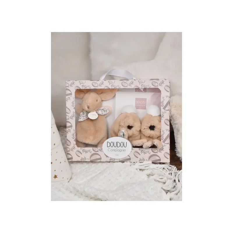 Lapin Doudou - Coffret cadeau Chaussons et Doudou Beige 15 cm