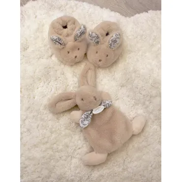 Lapin Doudou - Coffret cadeau Chaussons et Doudou Beige 15 cm