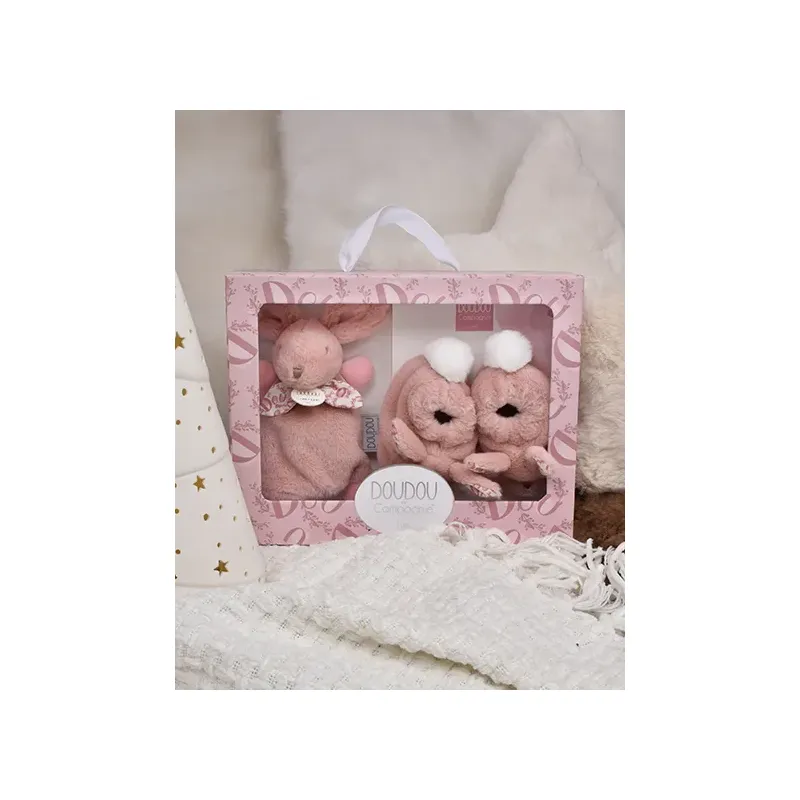 Lapin Doudou - Coffret cadeau Chaussons et Doudou Rose 15 cm
