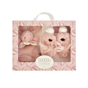 Lapin Doudou - Coffret cadeau Chaussons et Doudou Rose 15 cm