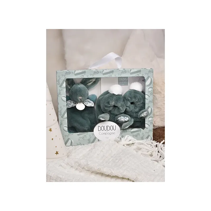 Lapin Doudou - Coffret cadeau Chaussons et Doudou Vert Sauge 15 cm