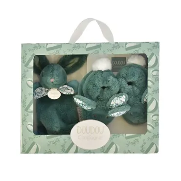 Lapin Doudou - Coffret cadeau Chaussons et Doudou Vert Sauge 15 cm