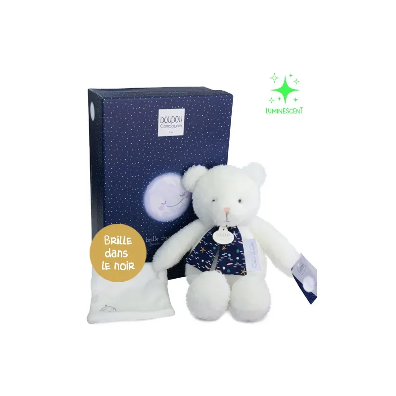 Peluche ours luminescent avec mouchoir - 28 cm - Clair de Lune