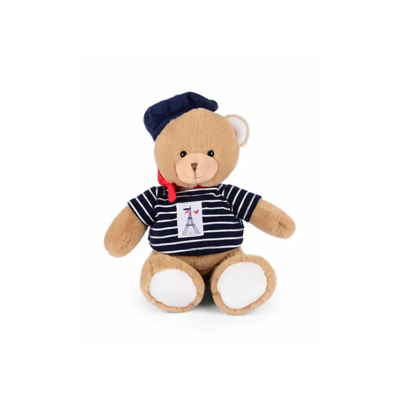Ours en peluche marron avec marinière et béret - 28 cm