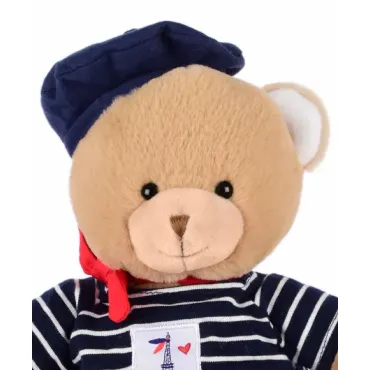 Ours en peluche marron avec marinière et béret - 28 cm