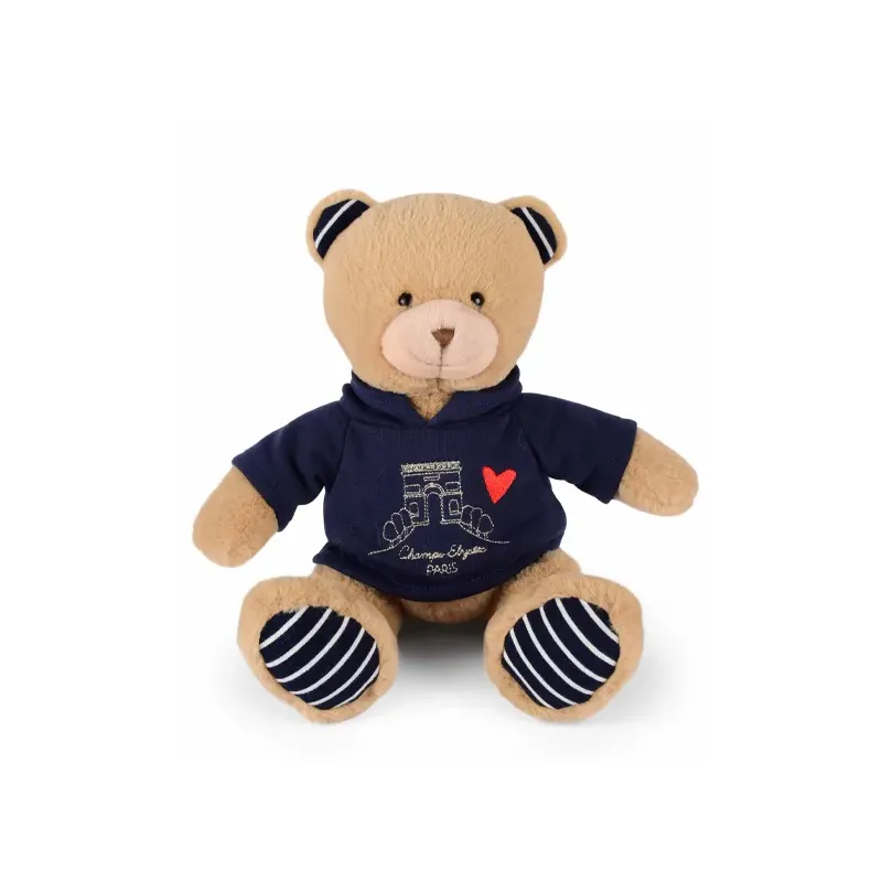 Ours en peluche marron avec sweat marine Champs Elysees - 28 cm