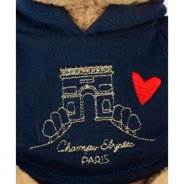 Ours en peluche marron avec sweat marine Champs Elysees - 28 cm