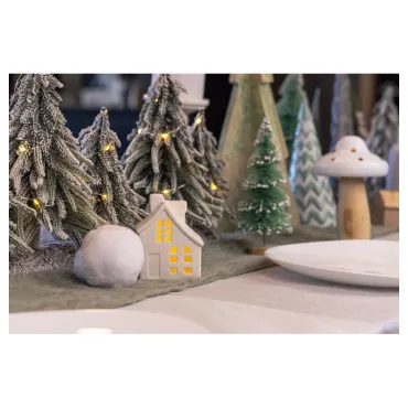 Maison céramique blanc toit pailleté LED - 7,5x6x10cm