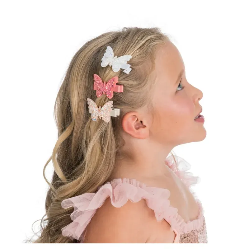 Set de 3 Barrettes Papillon Blanc/Beige/Rose
