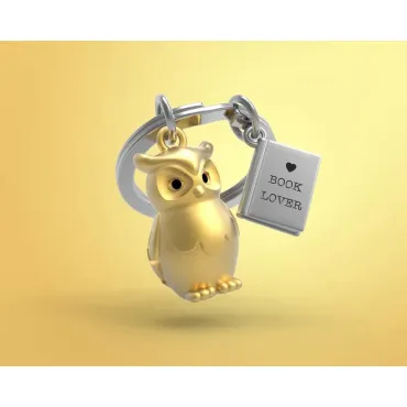 Porte-clés Hibou doré mat avec livre chromé