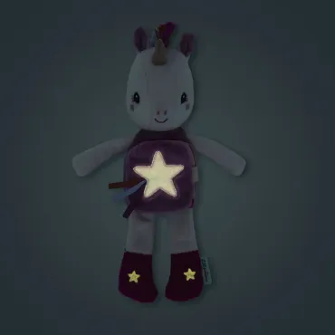 Peluche phosphorescente et livre en tissu Lena la licorne