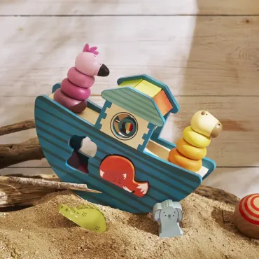 Arche d’éveil bateau en bois – Animaux à encastrer et à empiler